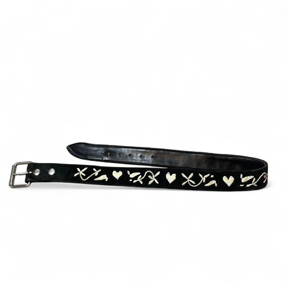 Black leather belt with off-white embroidery